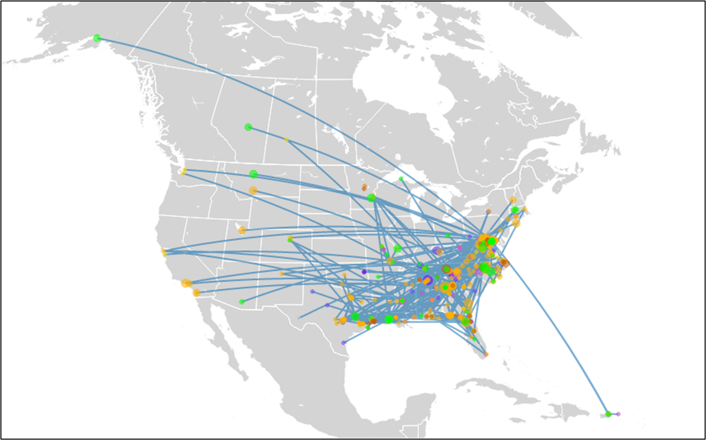 Gray map of the United States with dots and crisscrossed with lines showing individuals and relationships.
